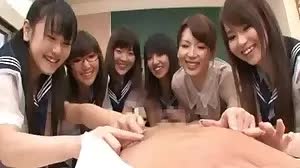 Six naughty gals has one cock to play with